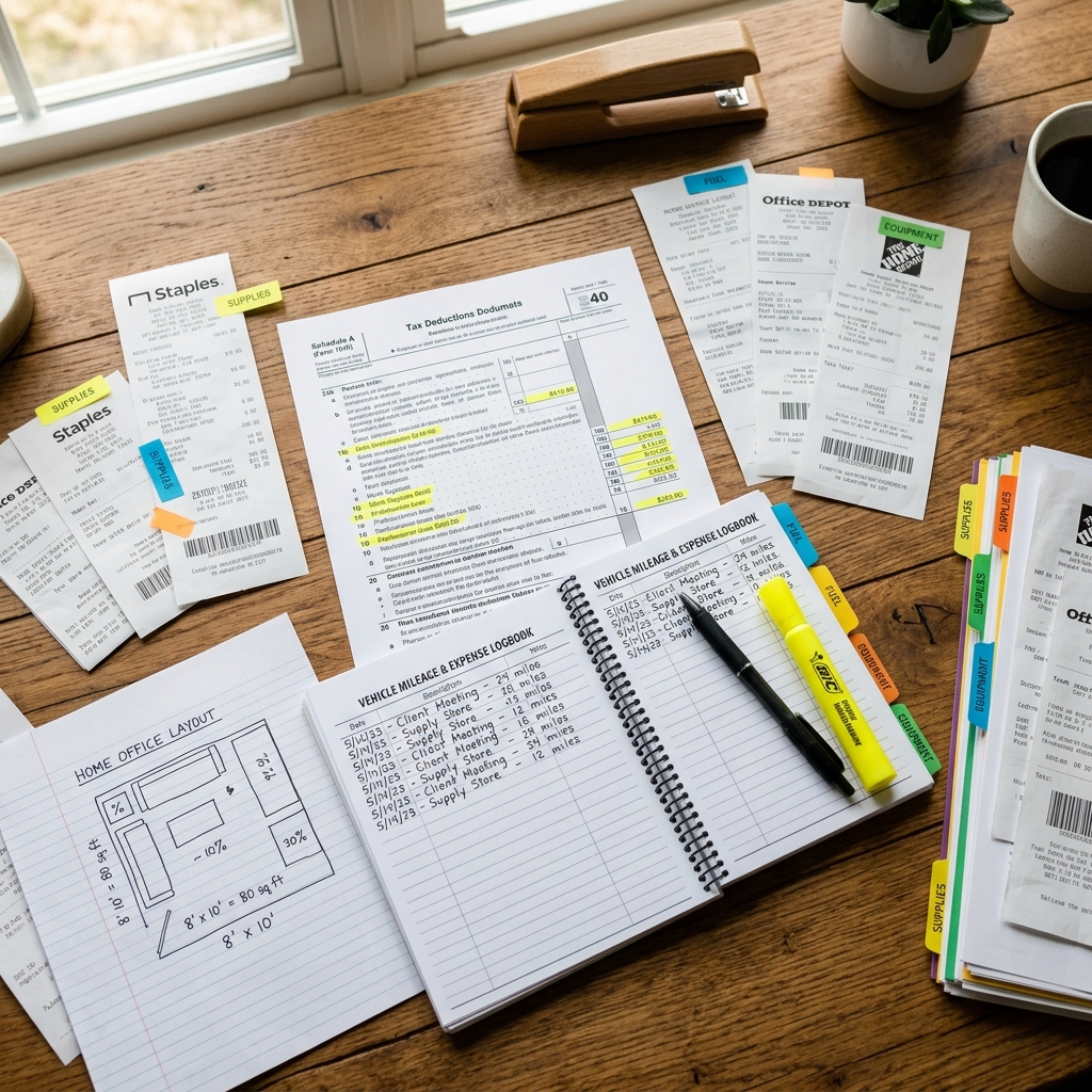Organized tax deduction receipts and documents on desk