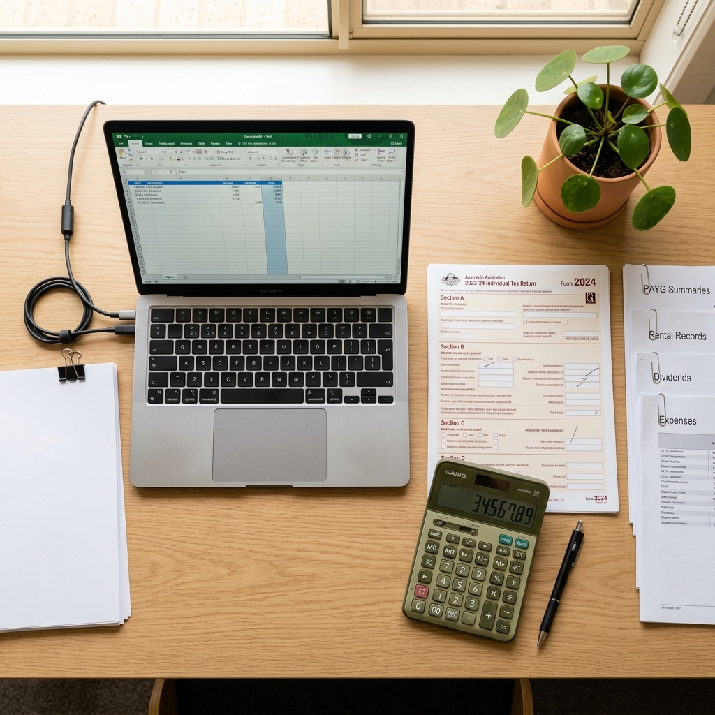 Tax return preparation with organized documents and calculator