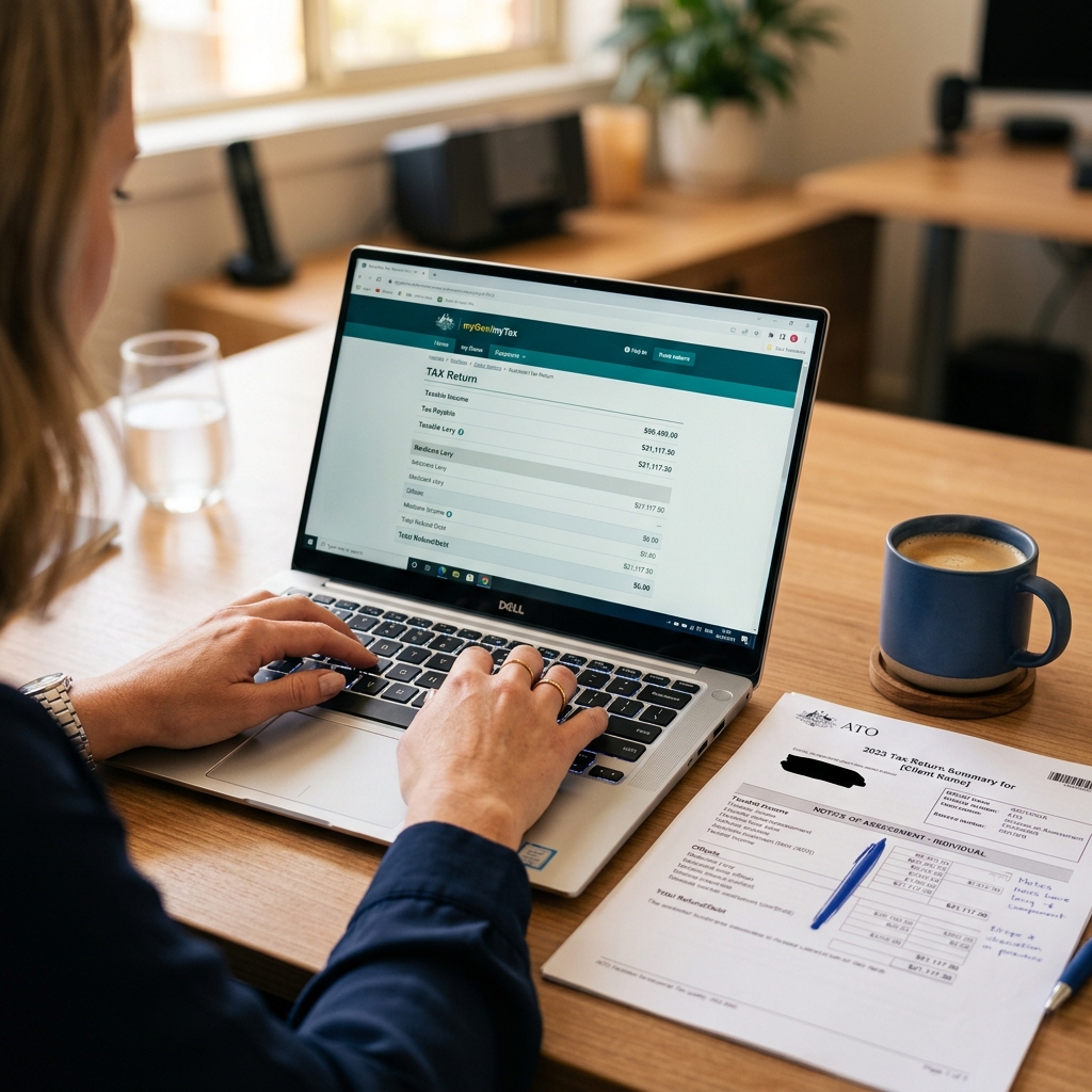 Accountant reviewing tax return on laptop with documents