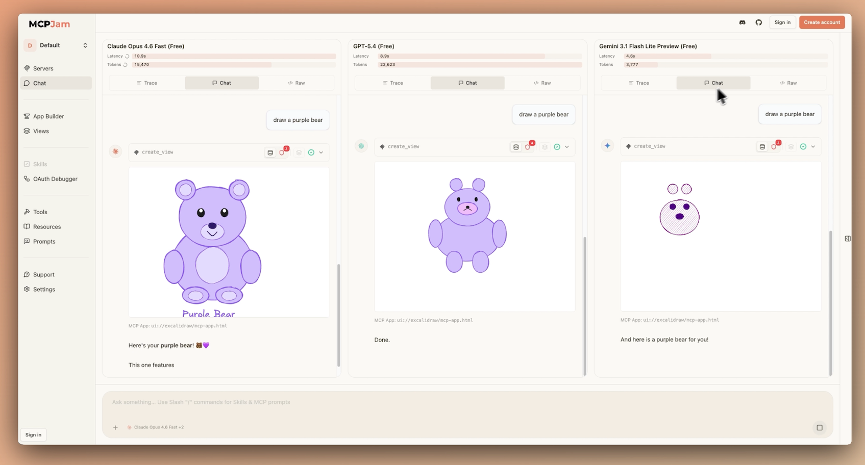 MCPJam Chat comparing frontier models side by side