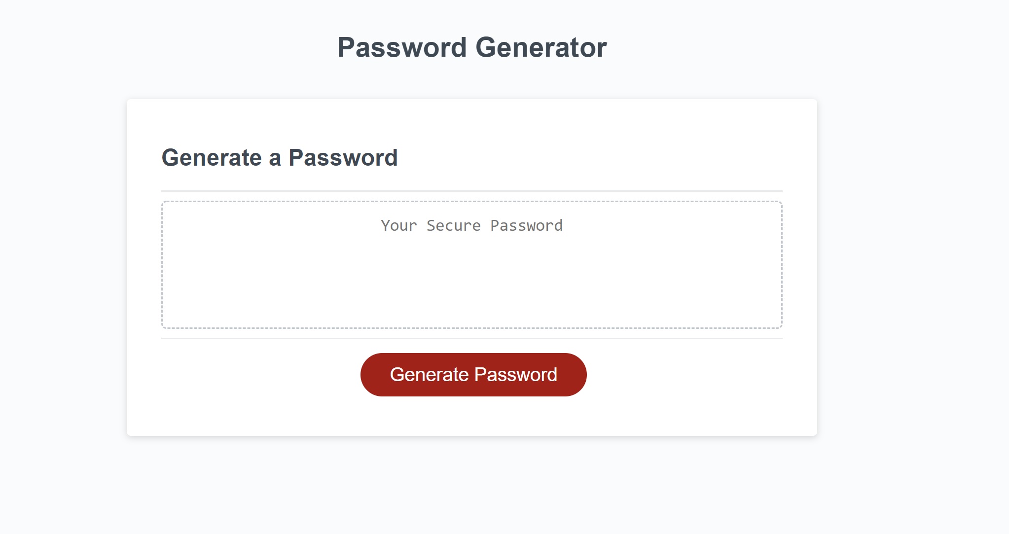 Password generator page on Load