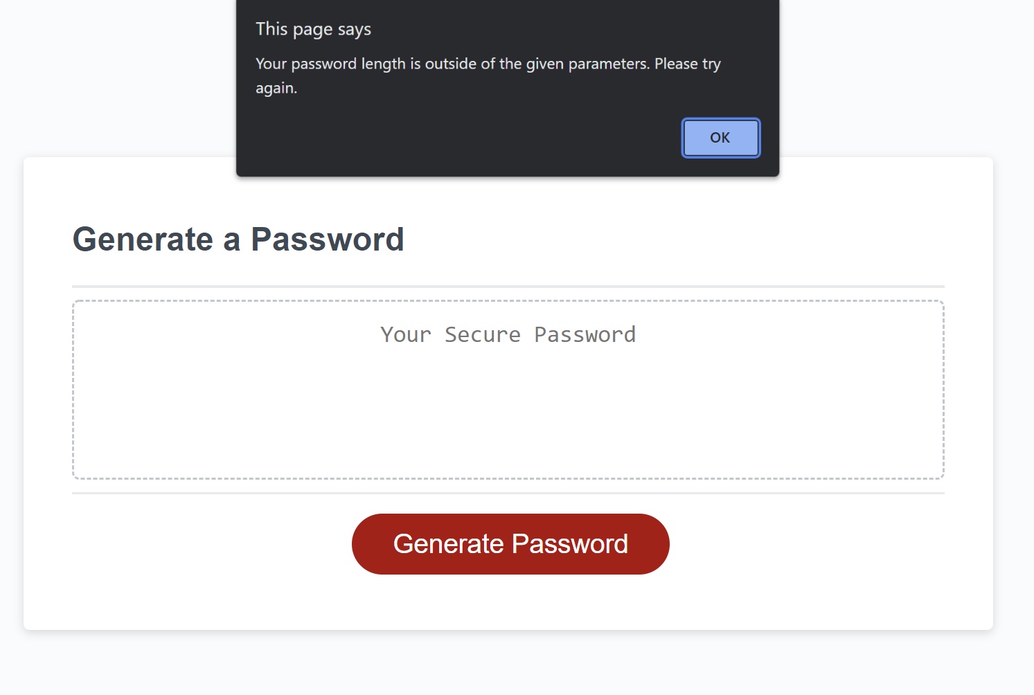 Password generator password length Error