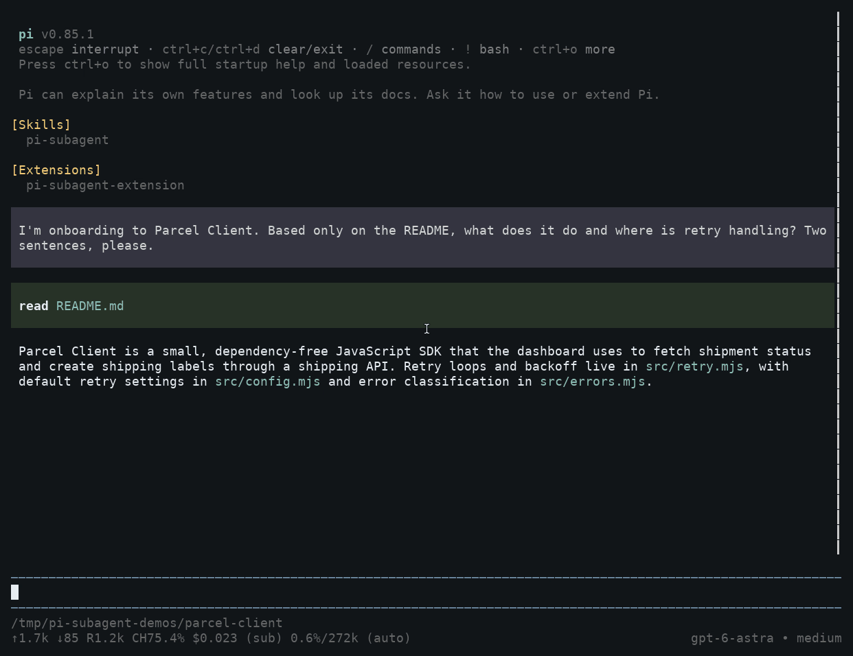 A natural conversation leading to automatic delegation, live progress, and a retry diagnosis