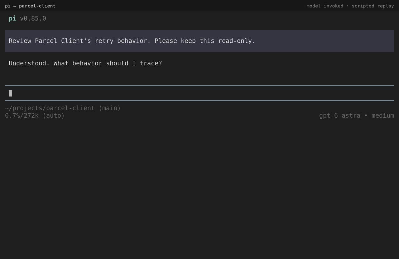 Model-invoked investigation: a normal question leads Pi to delegate a scoped investigation, receive a bounded result, verify the decisive source lines, and answer