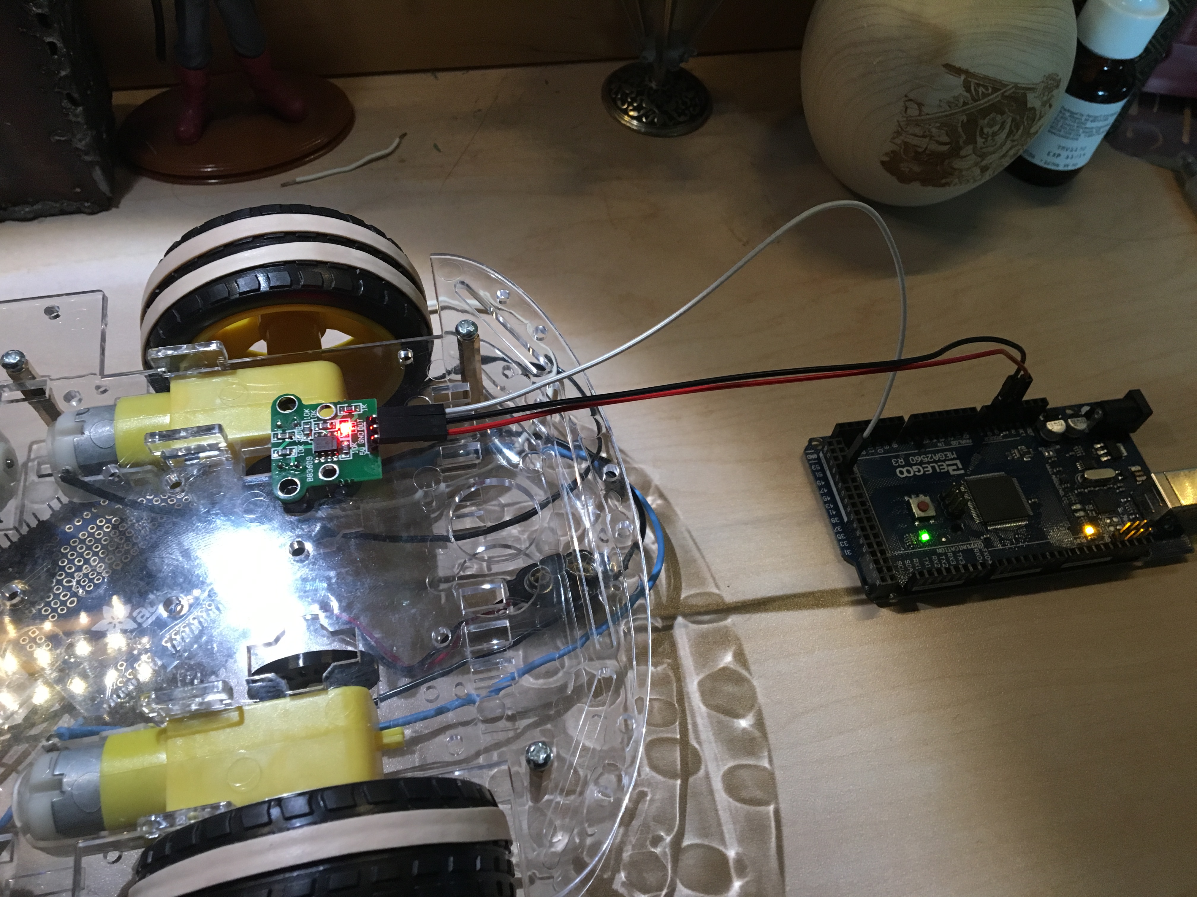 The wheel encoder connected to the Arduino