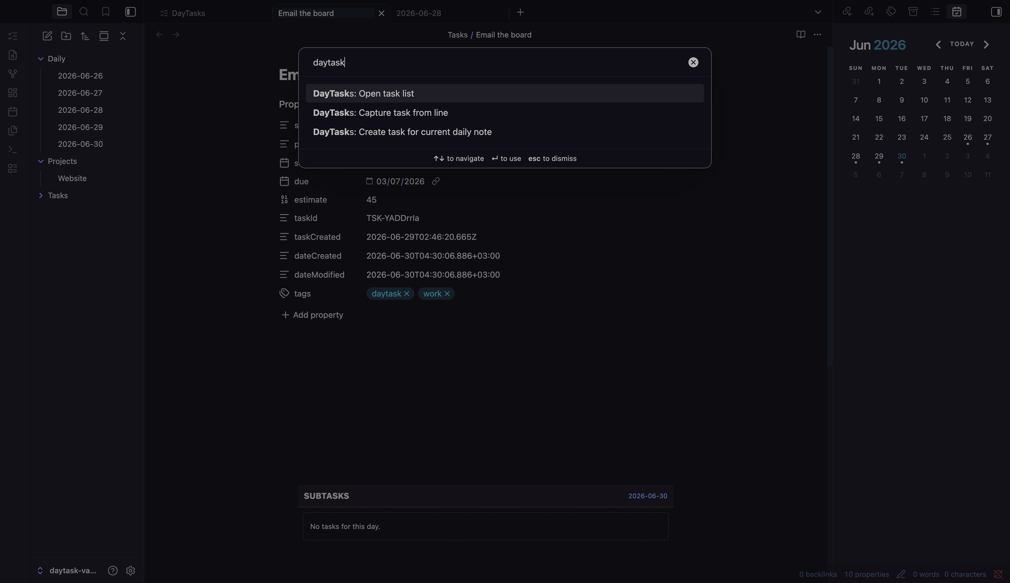 DayTasks commands in the command palette