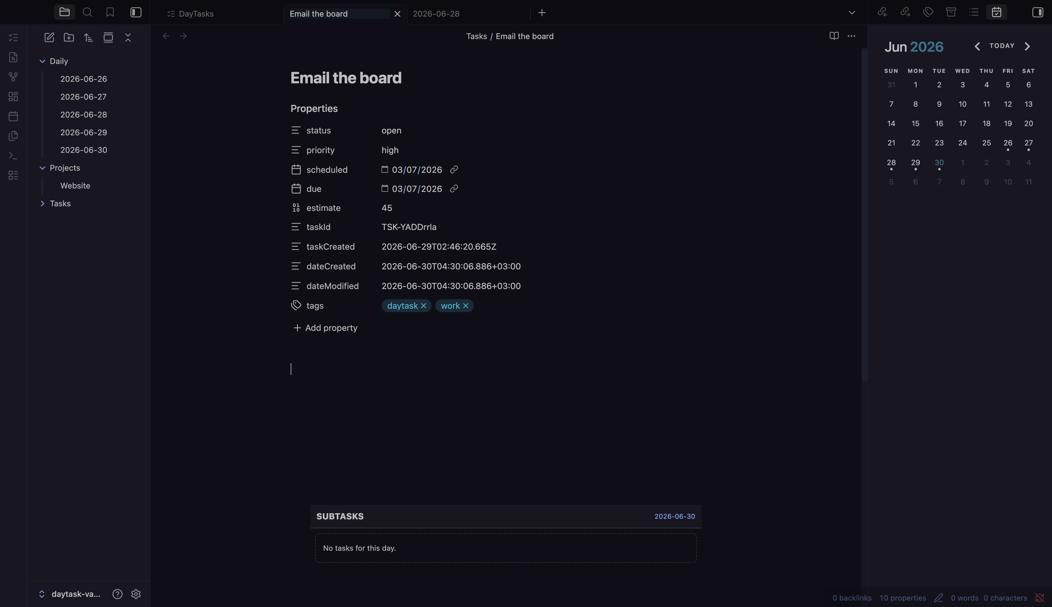Detail note managed frontmatter and injected subtasks widget