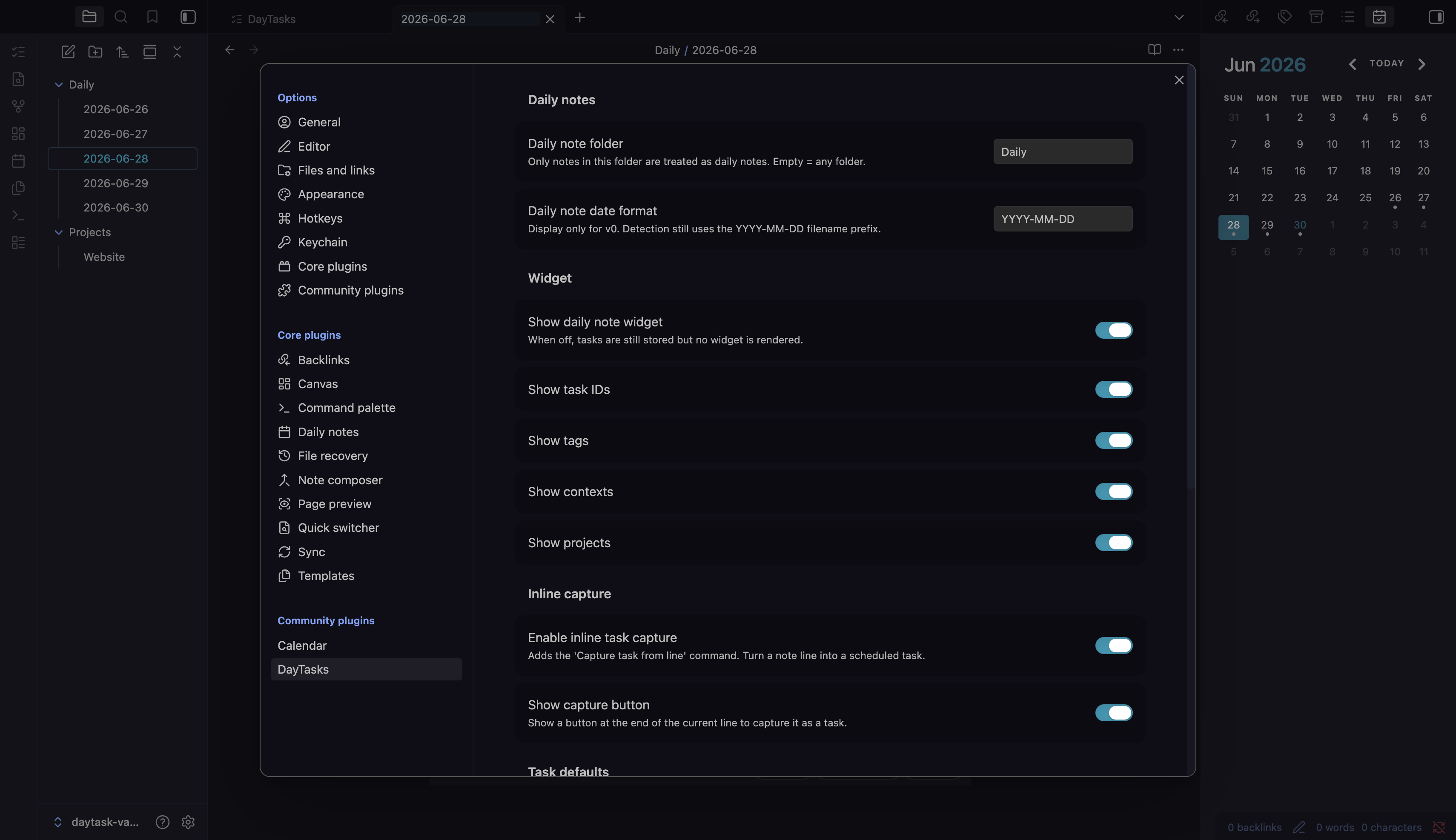 DayTasks settings