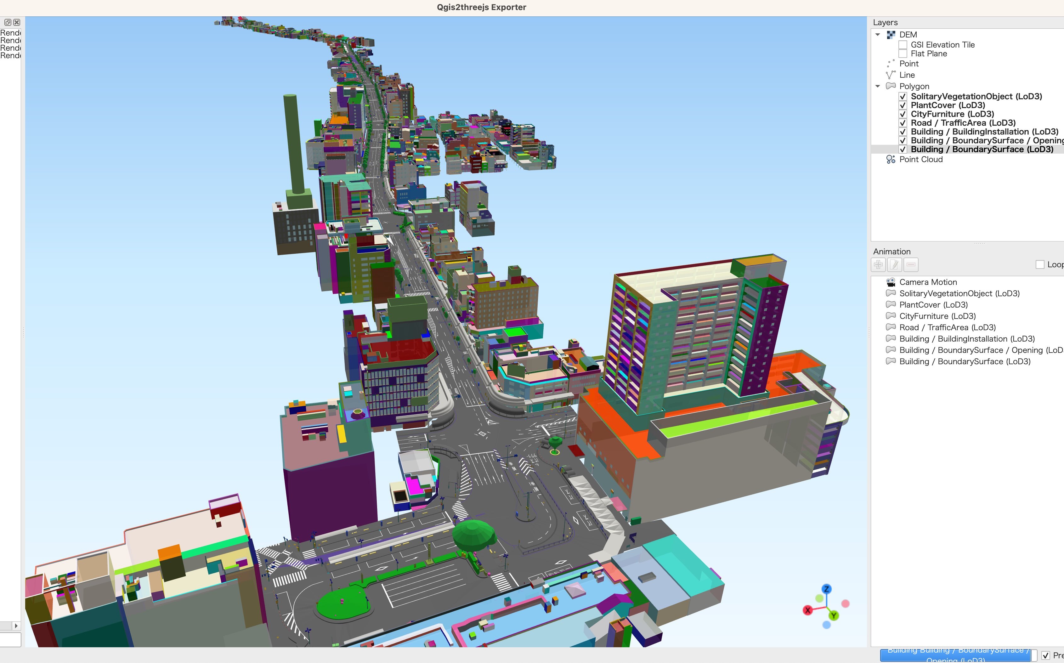 LOD3のデータをQgis2threejsで表示した例