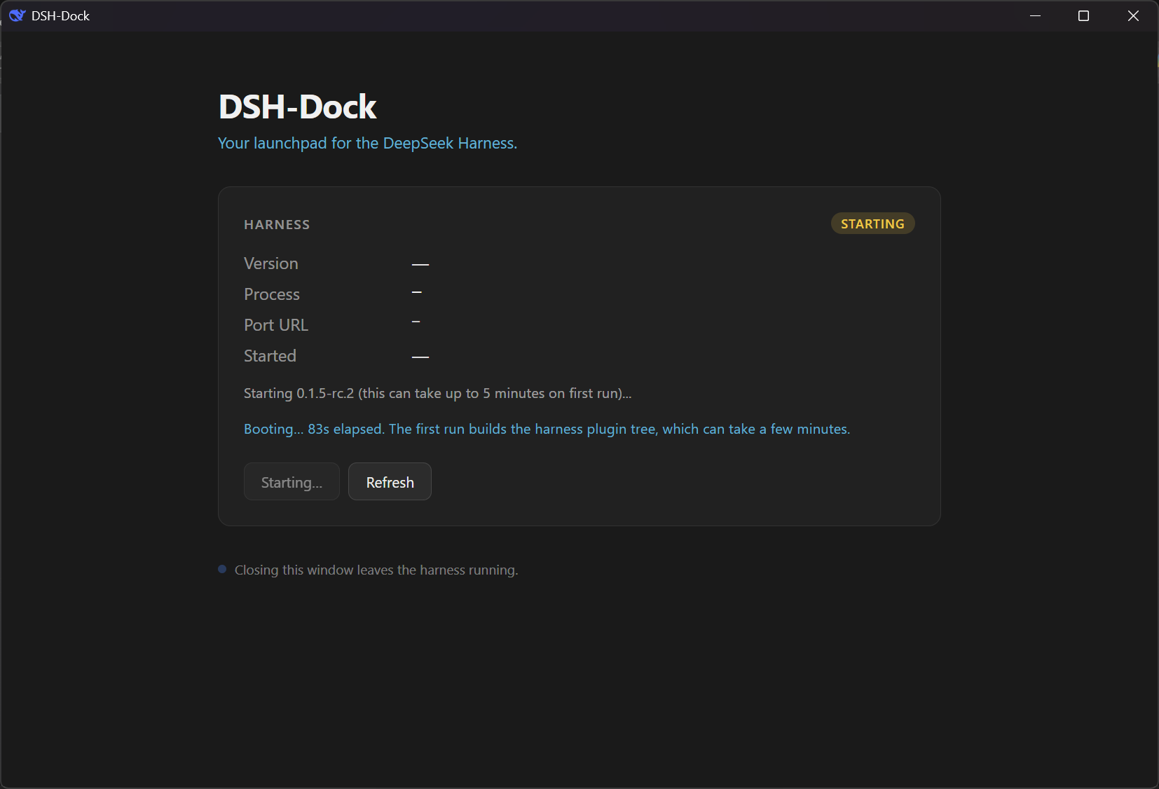 DSH-Dock dashboard, starting state