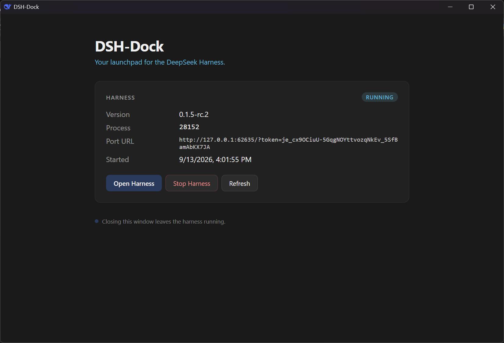 DSH-Dock dashboard, running state