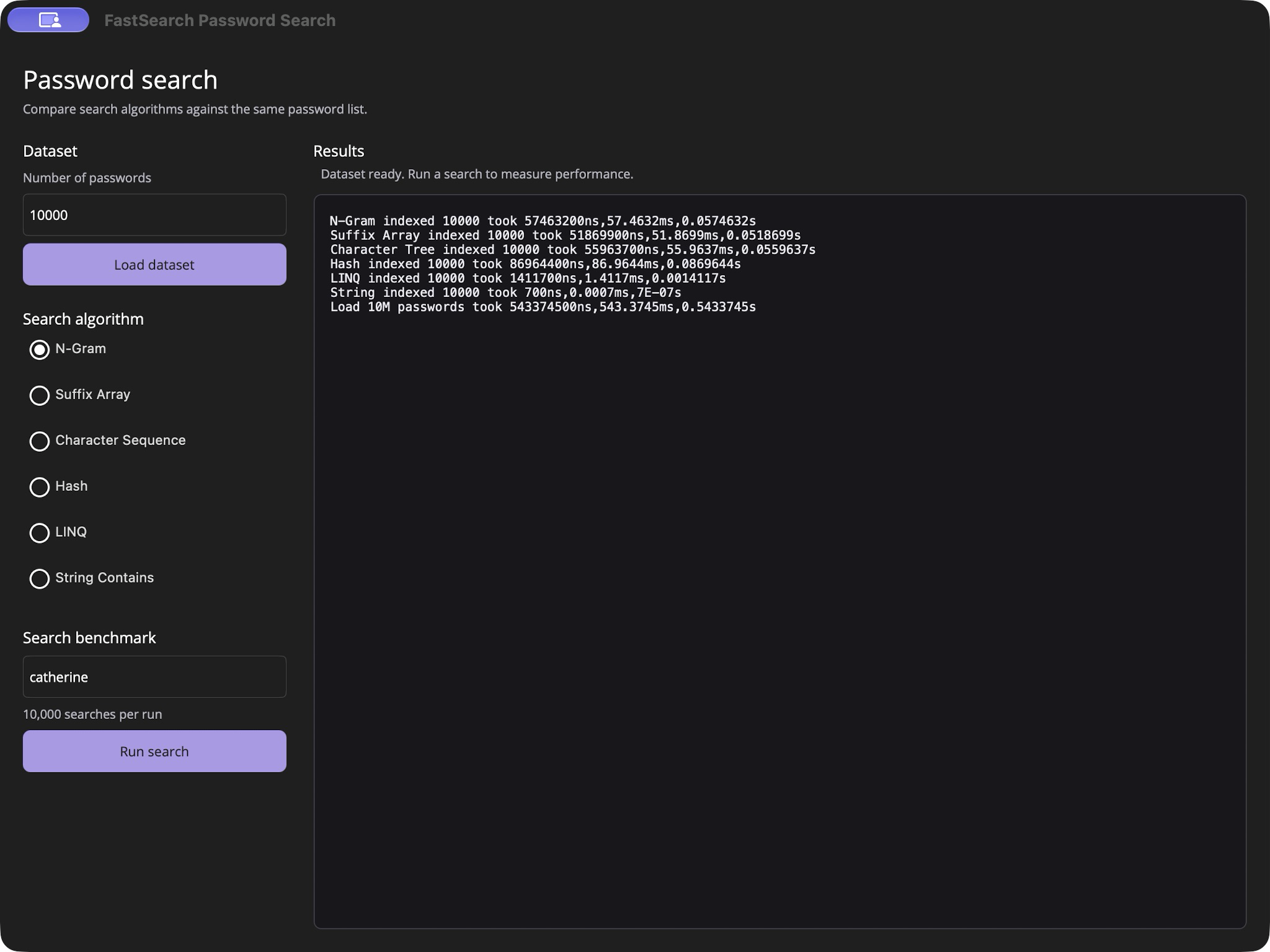 FastSearch Password Search desktop app showing dataset controls, six search algorithms, and indexing results