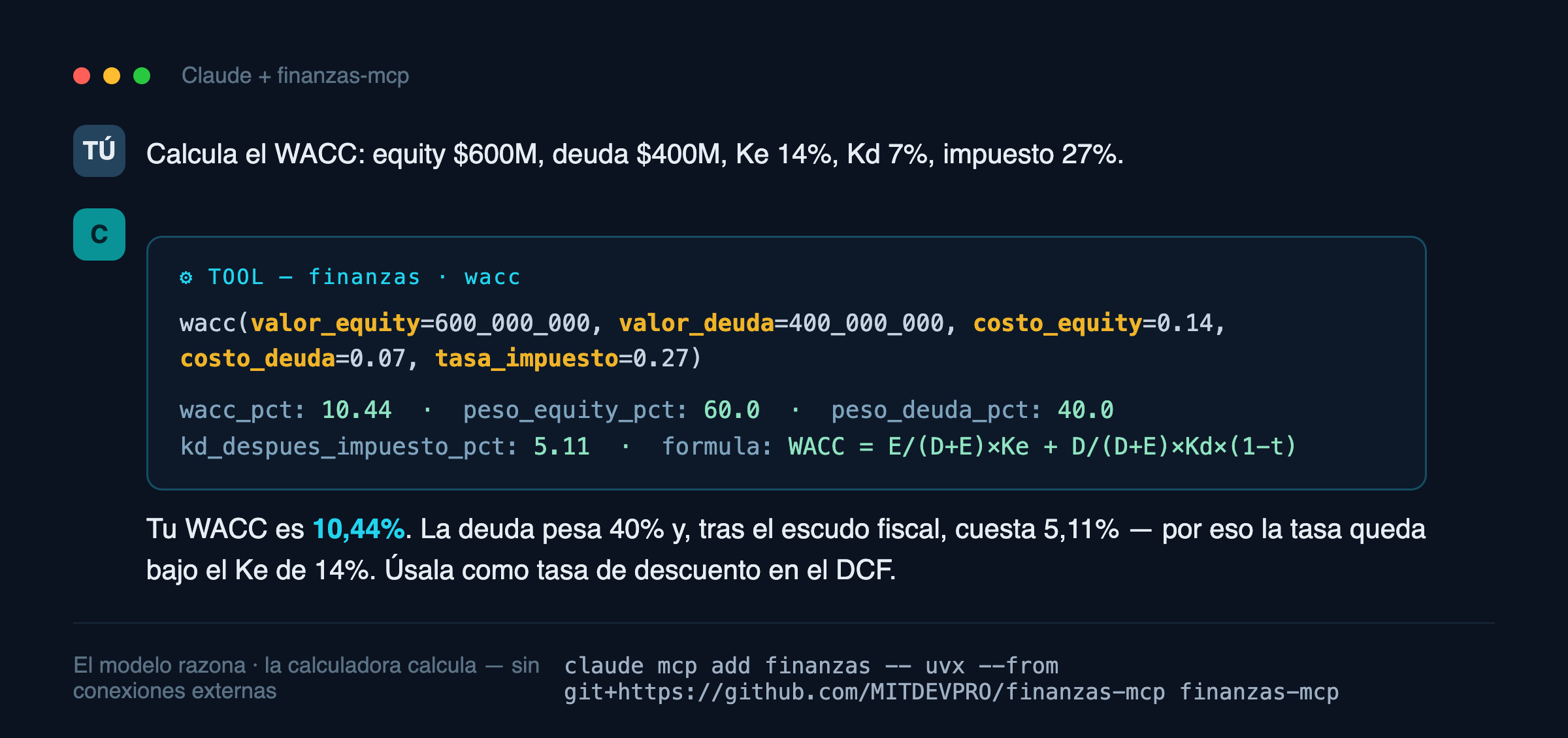 Demo: Claude calculando un WACC con finanzas-mcp
