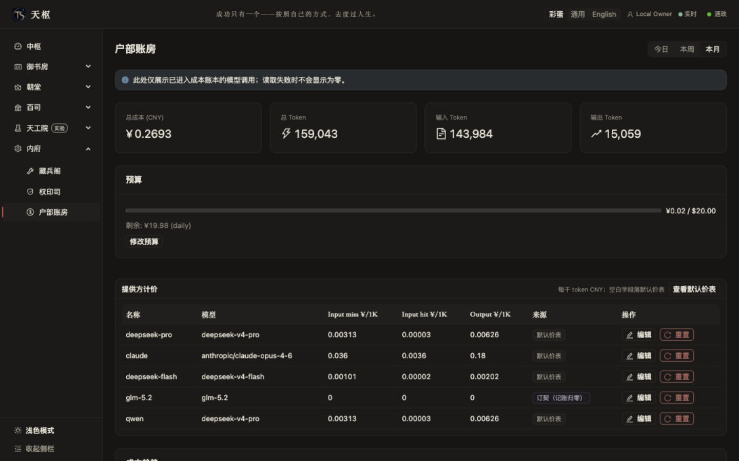 天枢户部账房成本与预算