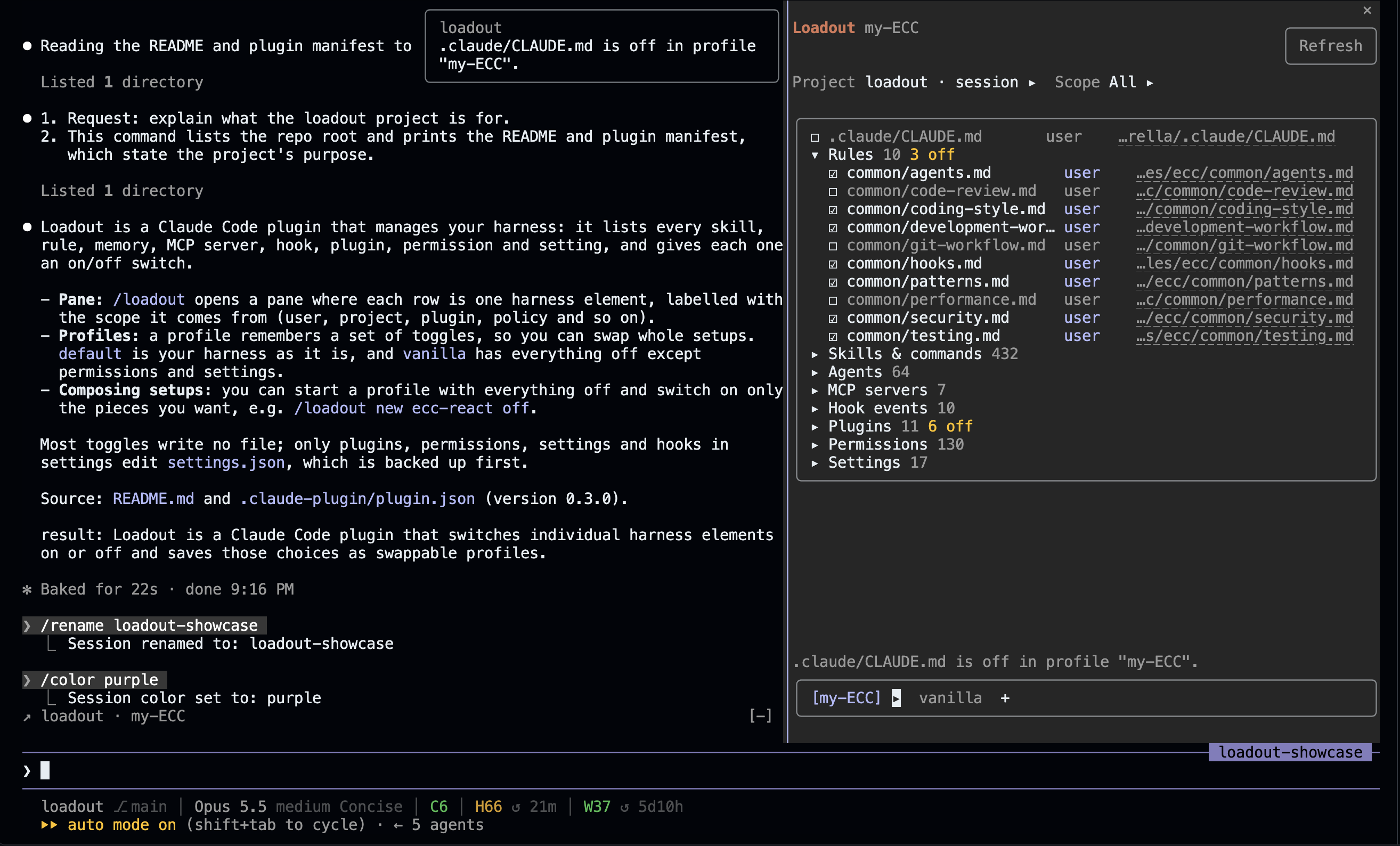 The loadout pane next to a Claude Code session