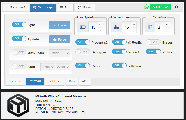 Tela Settings > Extras
