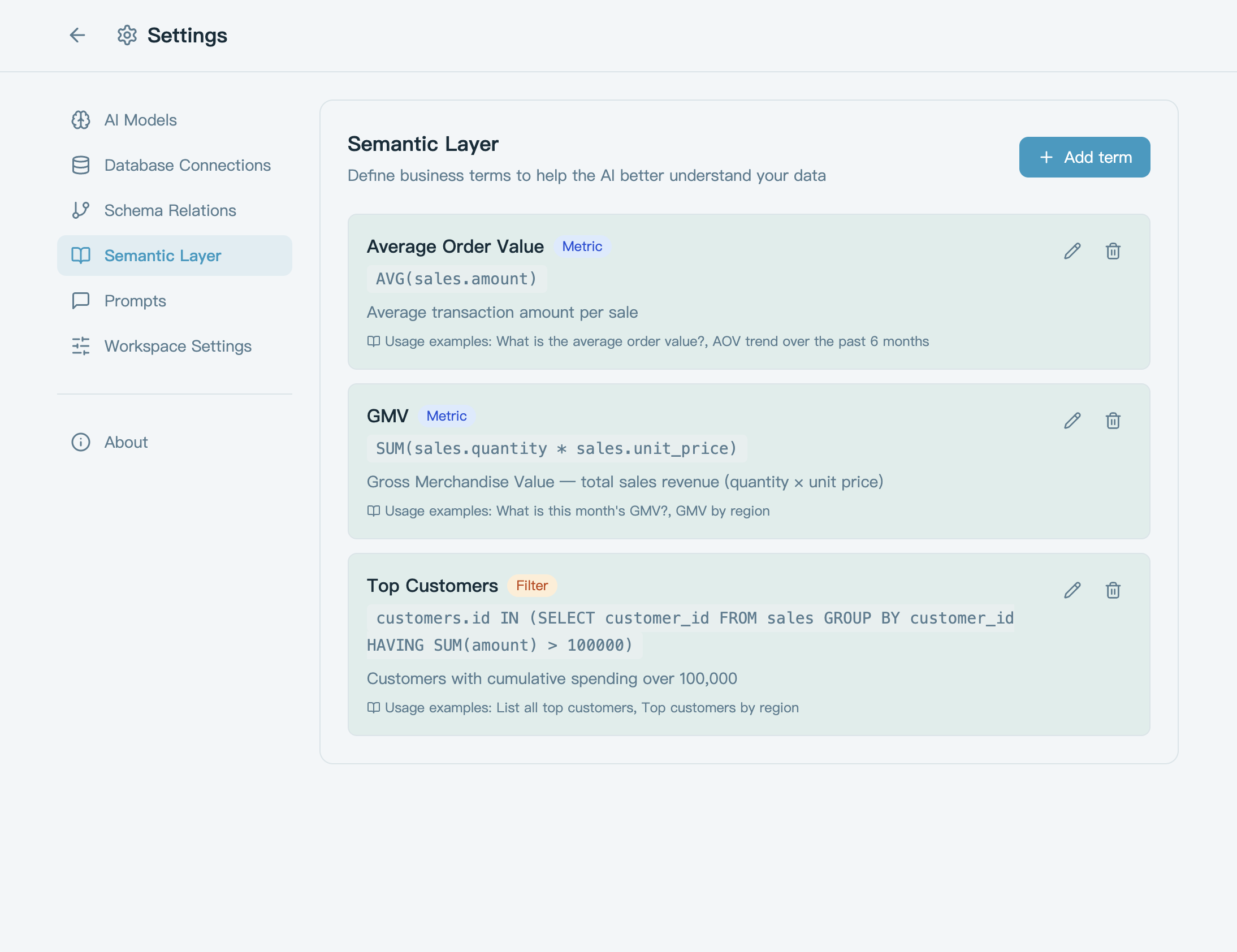 Semantic layer config