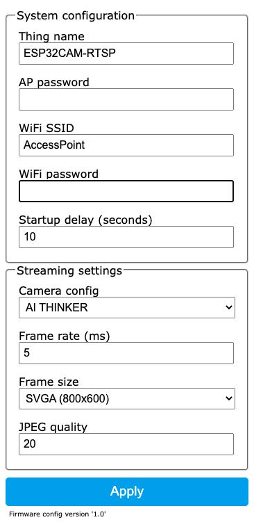 XCAM browser configuration page