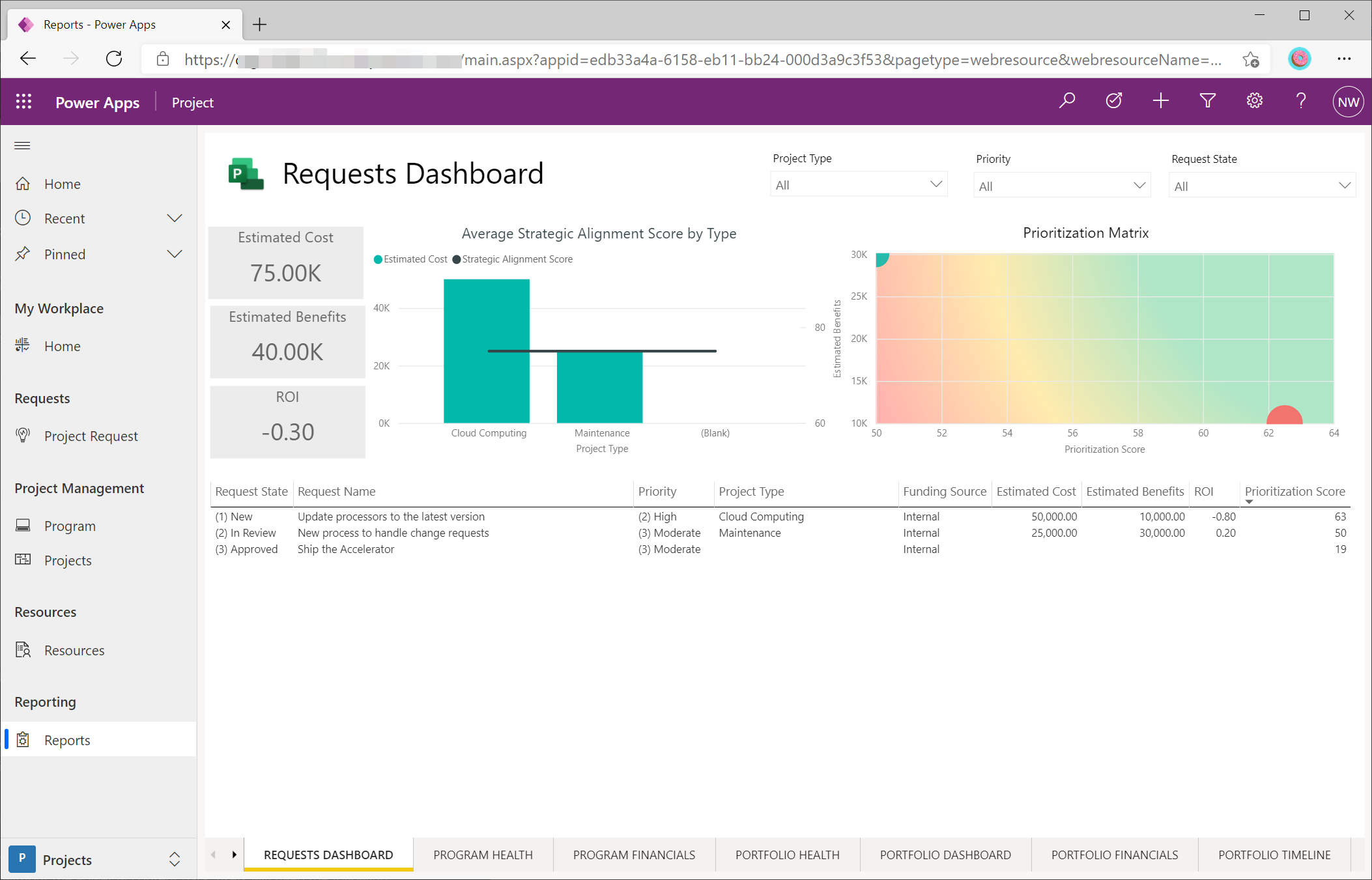 Power BI reports in the Project Power App