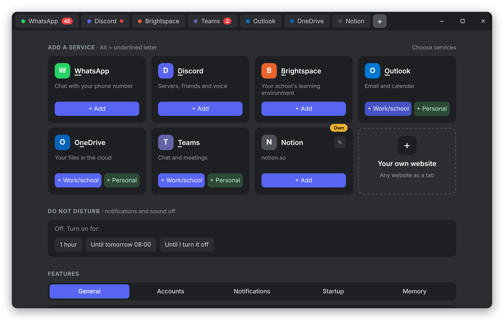The + screen: add services, your own websites and a work/school or personal choice for Microsoft