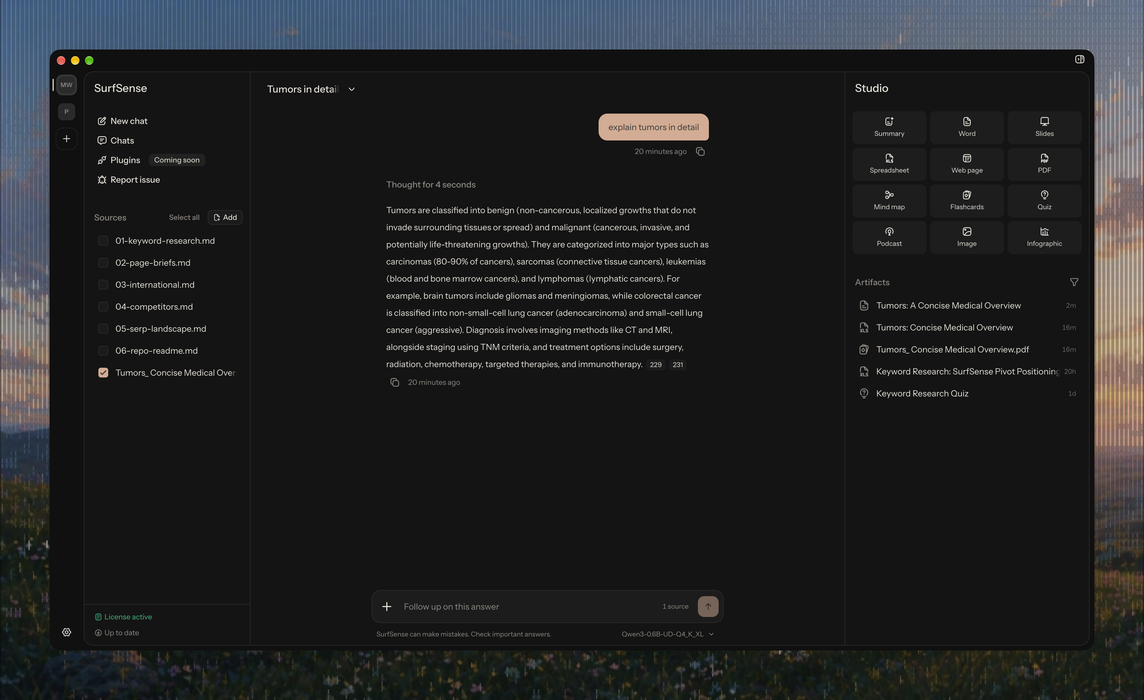SurfSense desktop app with Studio open and Qwen selected, turning local sources into artifacts