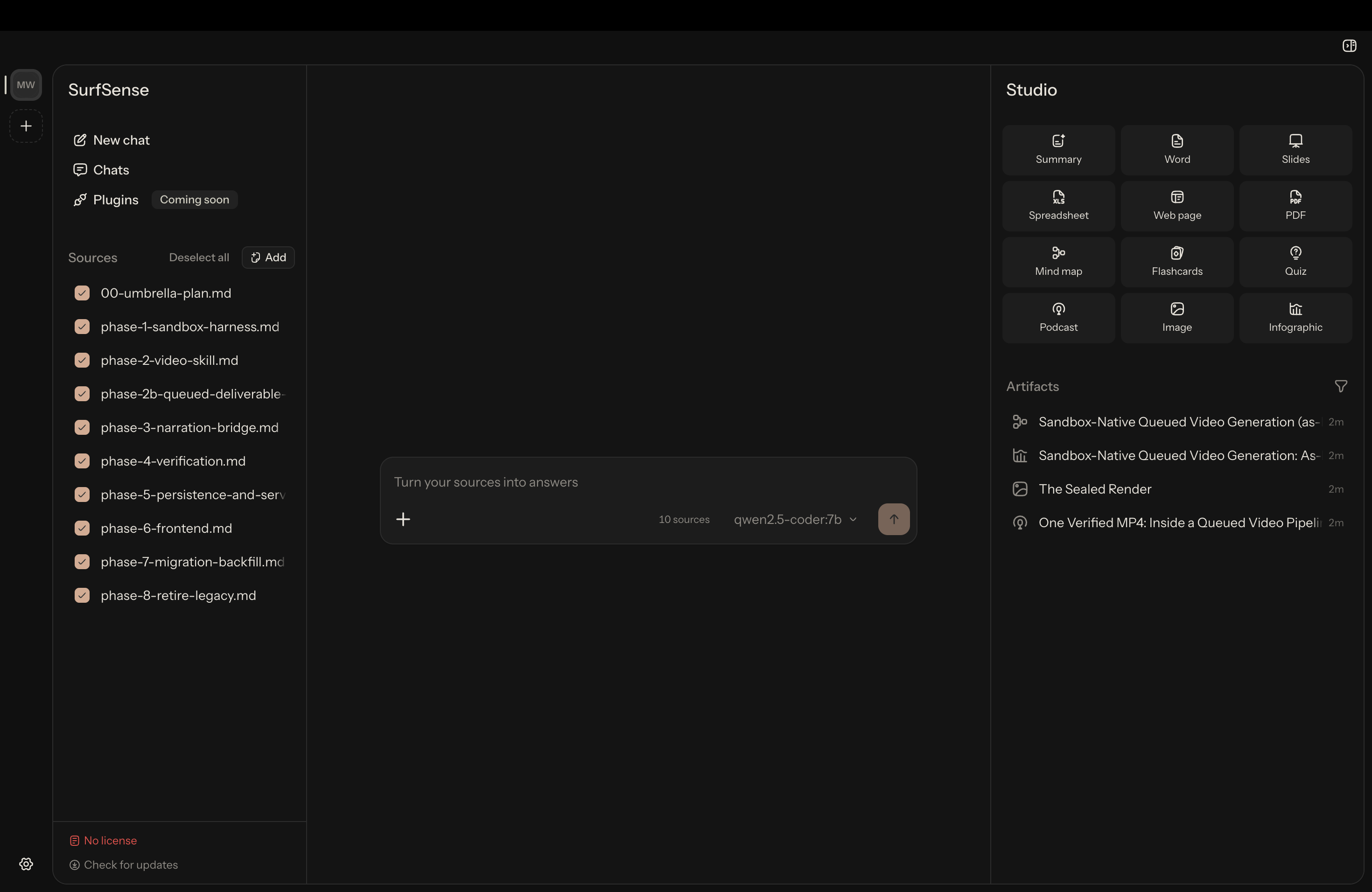 SurfSense desktop app with Studio open and Qwen selected, turning local sources into artifacts