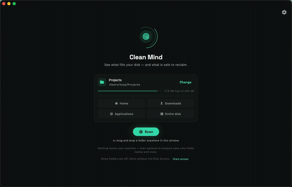 Clean Mind in action: scan, treemap, insights, move to Trash