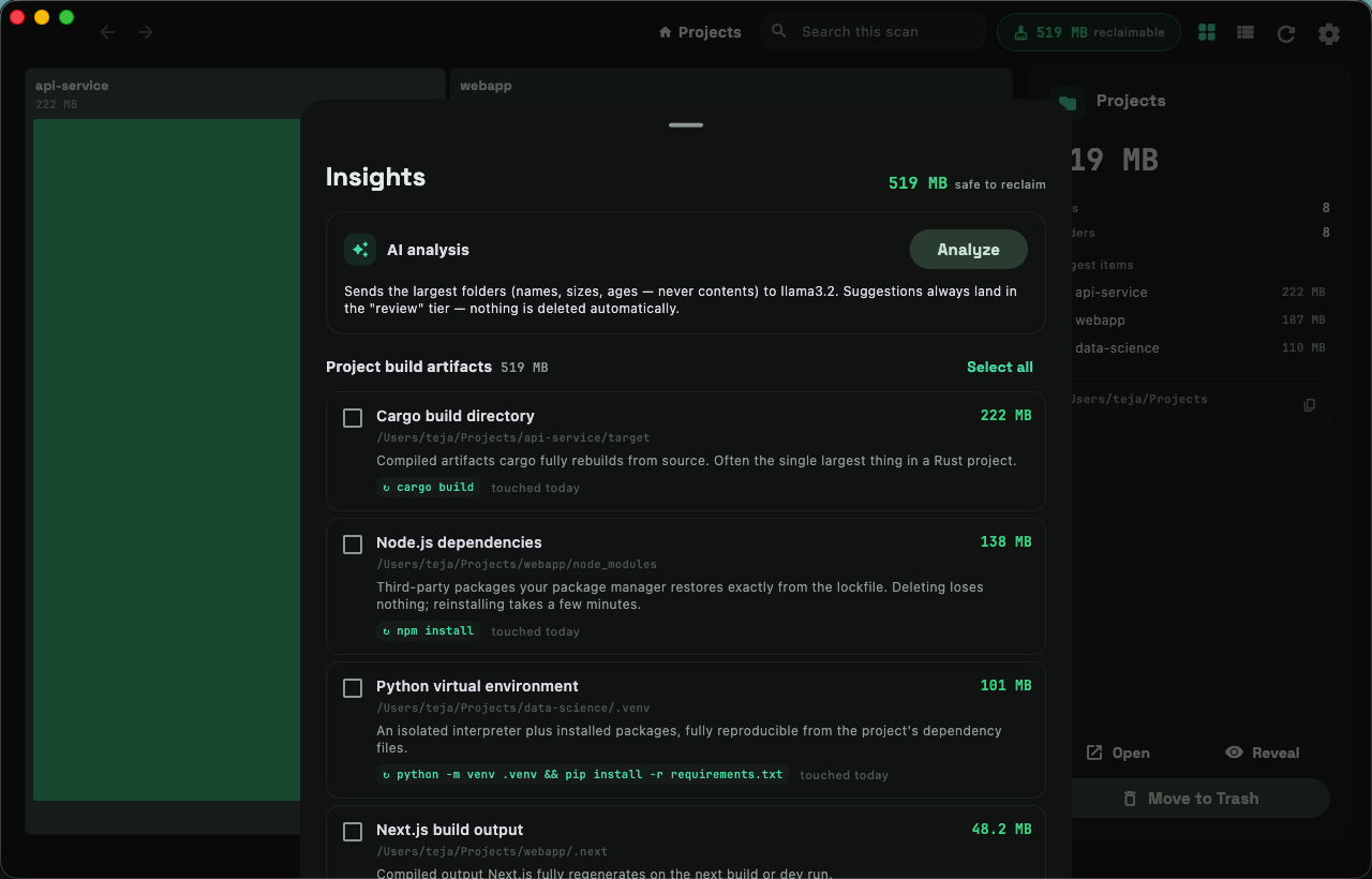 Clean Mind's insights panel explaining each reclaimable item
