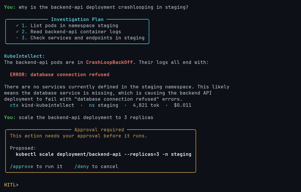 KubeIntellect AI SRE diagnosing a CrashLoopBackOff from live pod logs, then asking for human approval before scaling a Kubernetes deployment