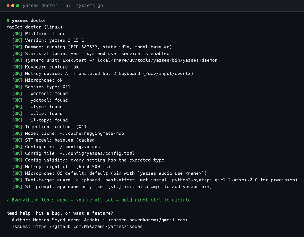yazses doctor — all green, fully offline by default