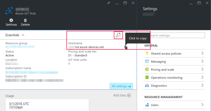 Copy the IoT Hub Hostname at the dashboard