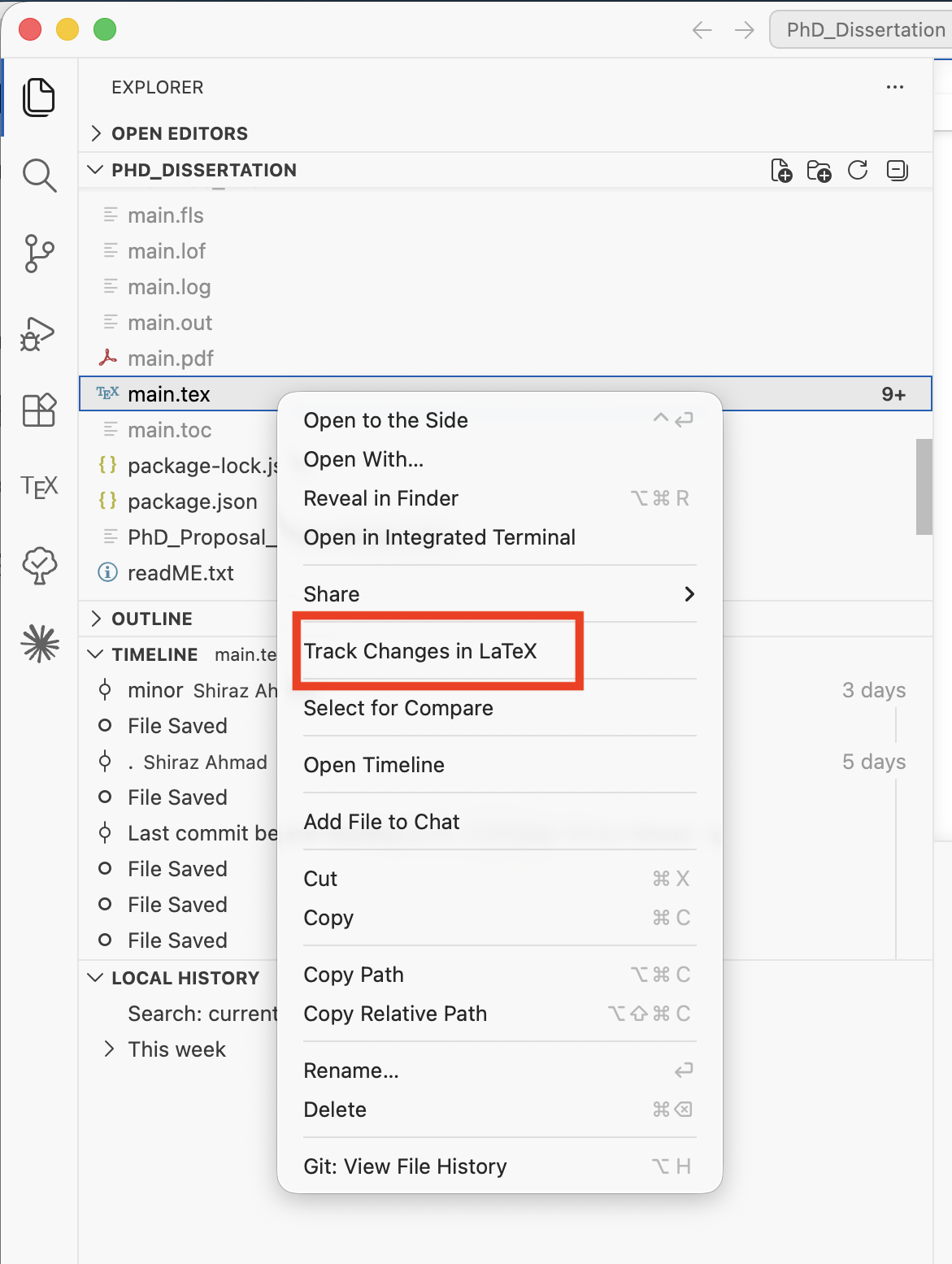Step 1: Right-click on .tex and select Track Changes