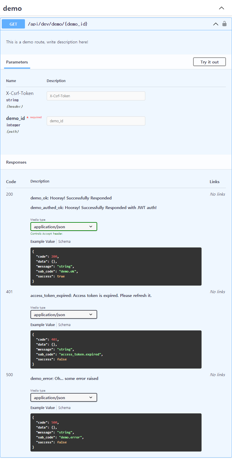 Swagger document result of demo route that we just created