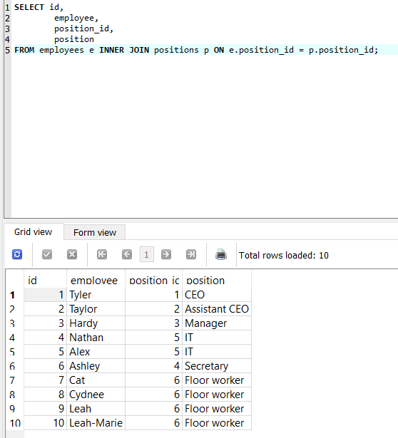 Program screenshot showing a two table join between the employees table and the positions table.