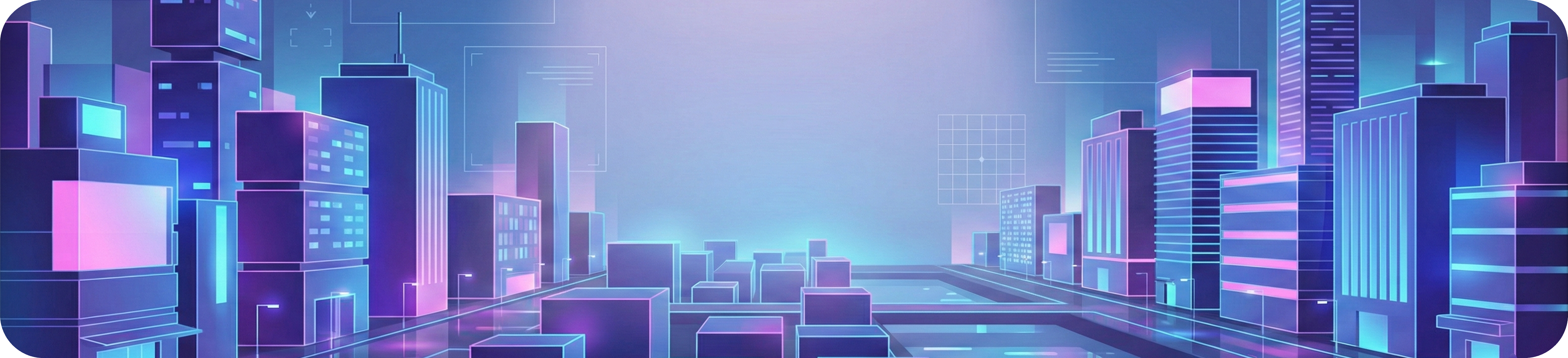 Illustrated futuristic cityscape in blue, cyan, violet, and magenta