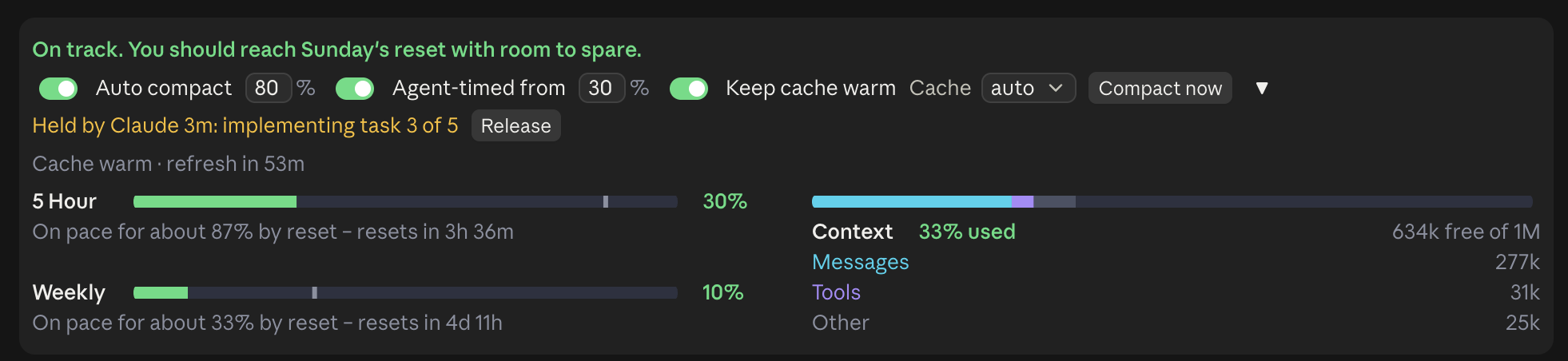 The band with Claude holding compaction: "Held by Claude 3m: implementing task 3 of 5" and a Release button, the context at 33%