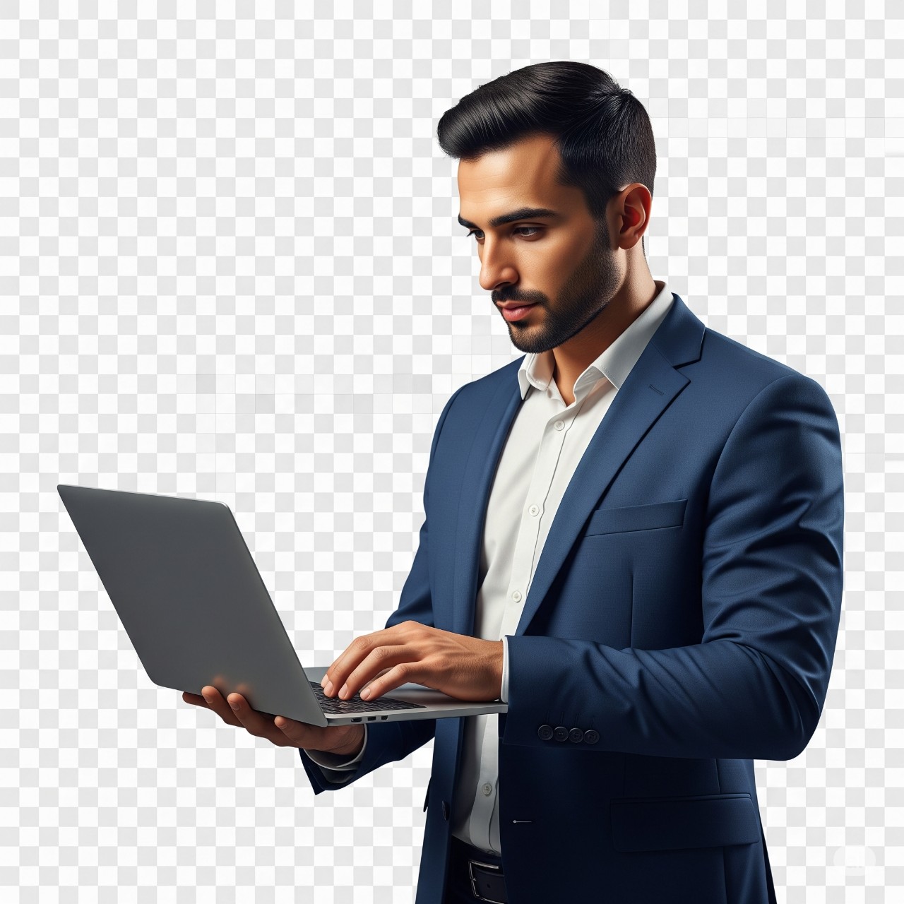 Download high-quality PNG of a professional businessman in a navy blue suit working on a laptop — perfect for business flyers, presentations, and corporate designs. Transparent background, 4K.