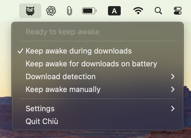 Chiù menu-bar menu on macOS