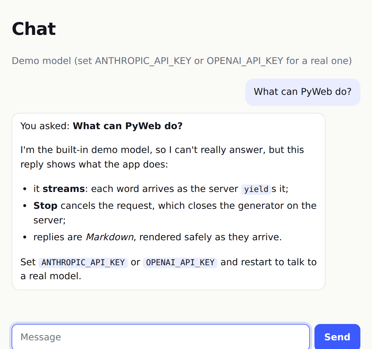 AI chat with a streamed Markdown reply