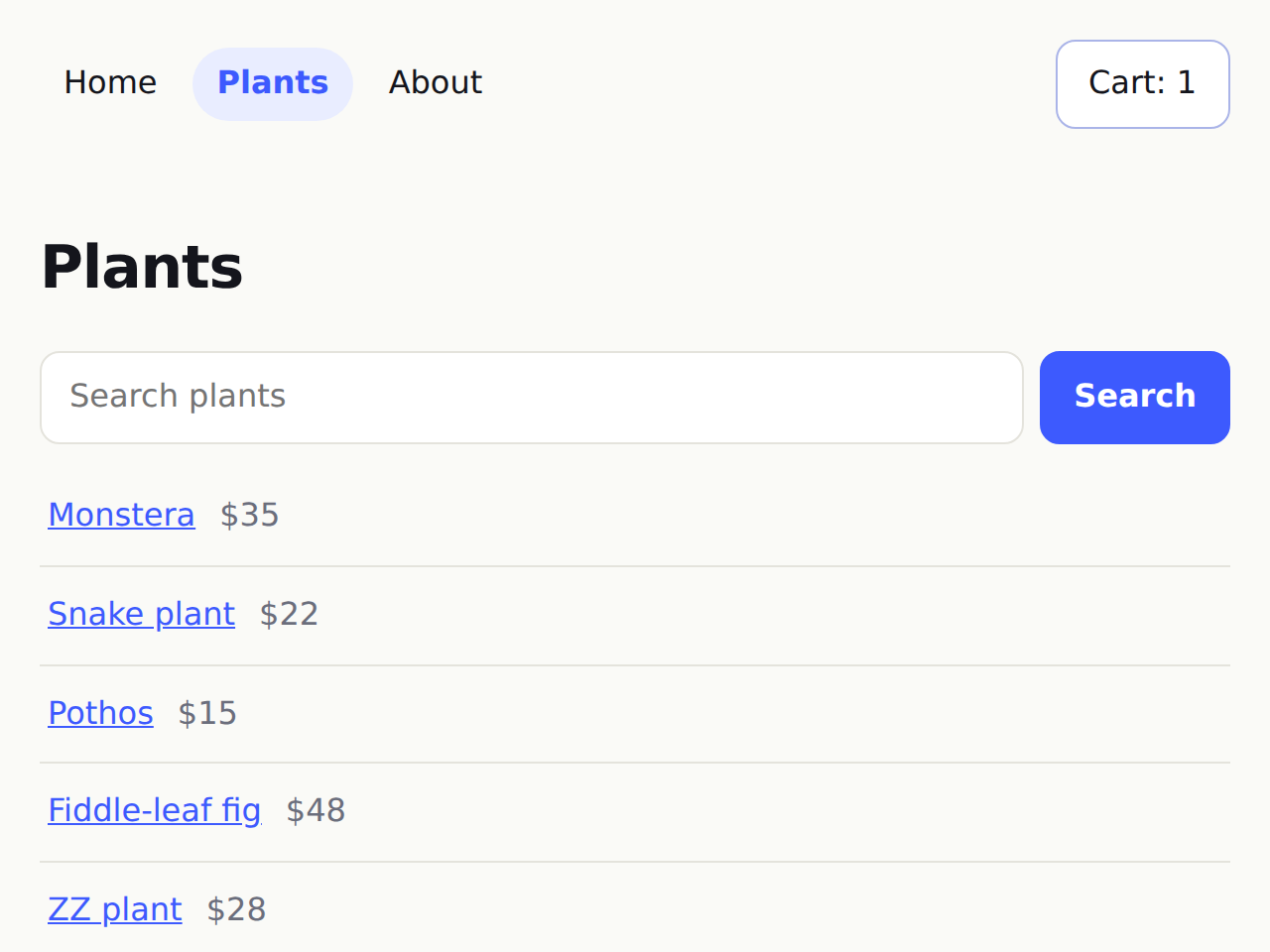 Plant shop with a navigation layout and a cart