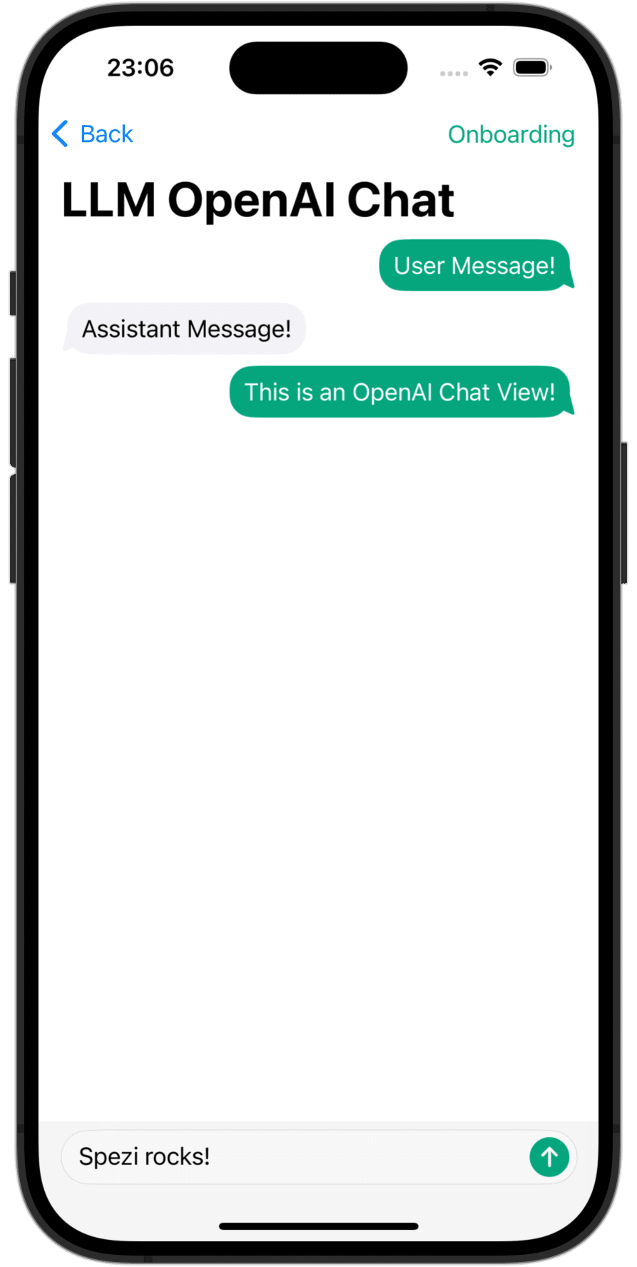 Screenshot displaying the Chat View utilizing the OpenAI API from SpeziLLMOpenAI.