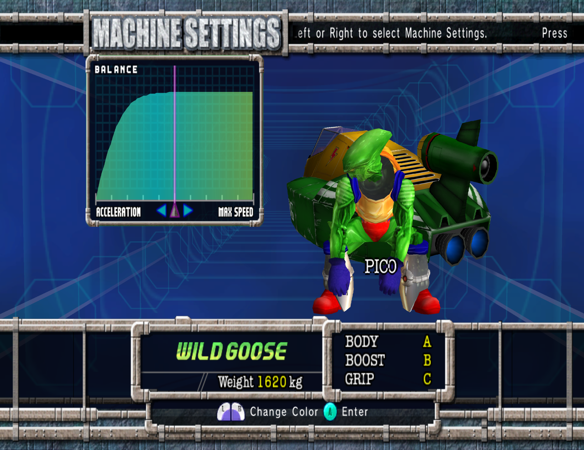 Pico and the Wild Goose on the machine settings screen