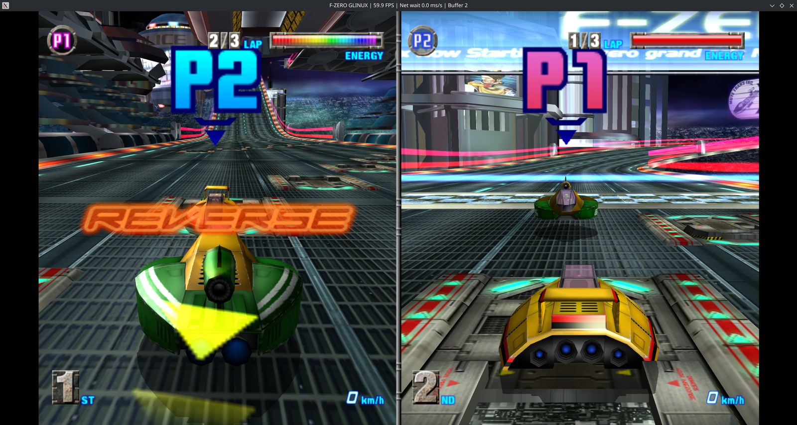 A two-player online VS Battle in split screen at 59.9 FPS