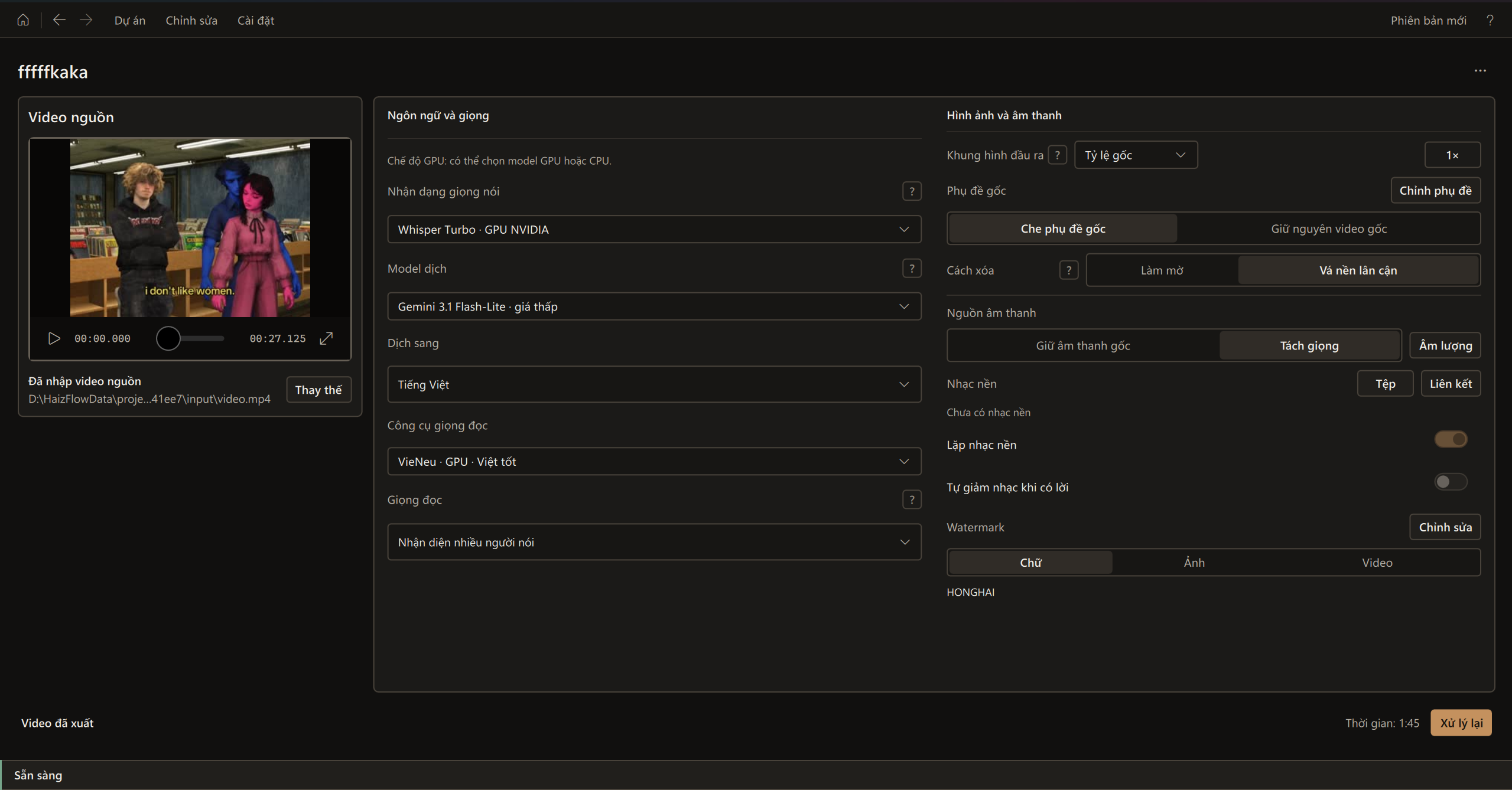 Automatic processing page with source preview, language and voice settings