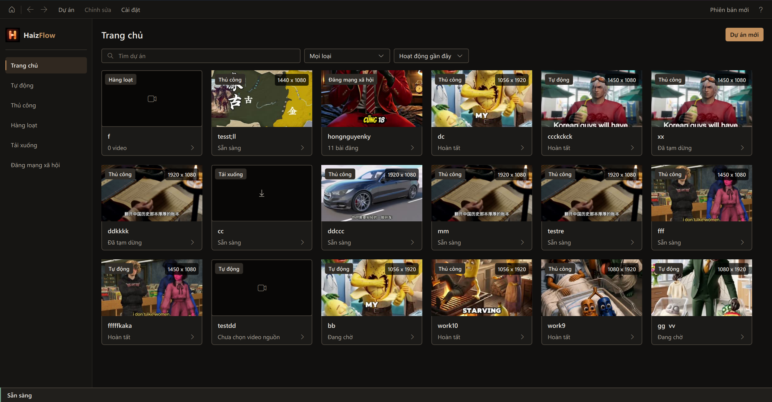 HaizFlow home page with project cards and search filters