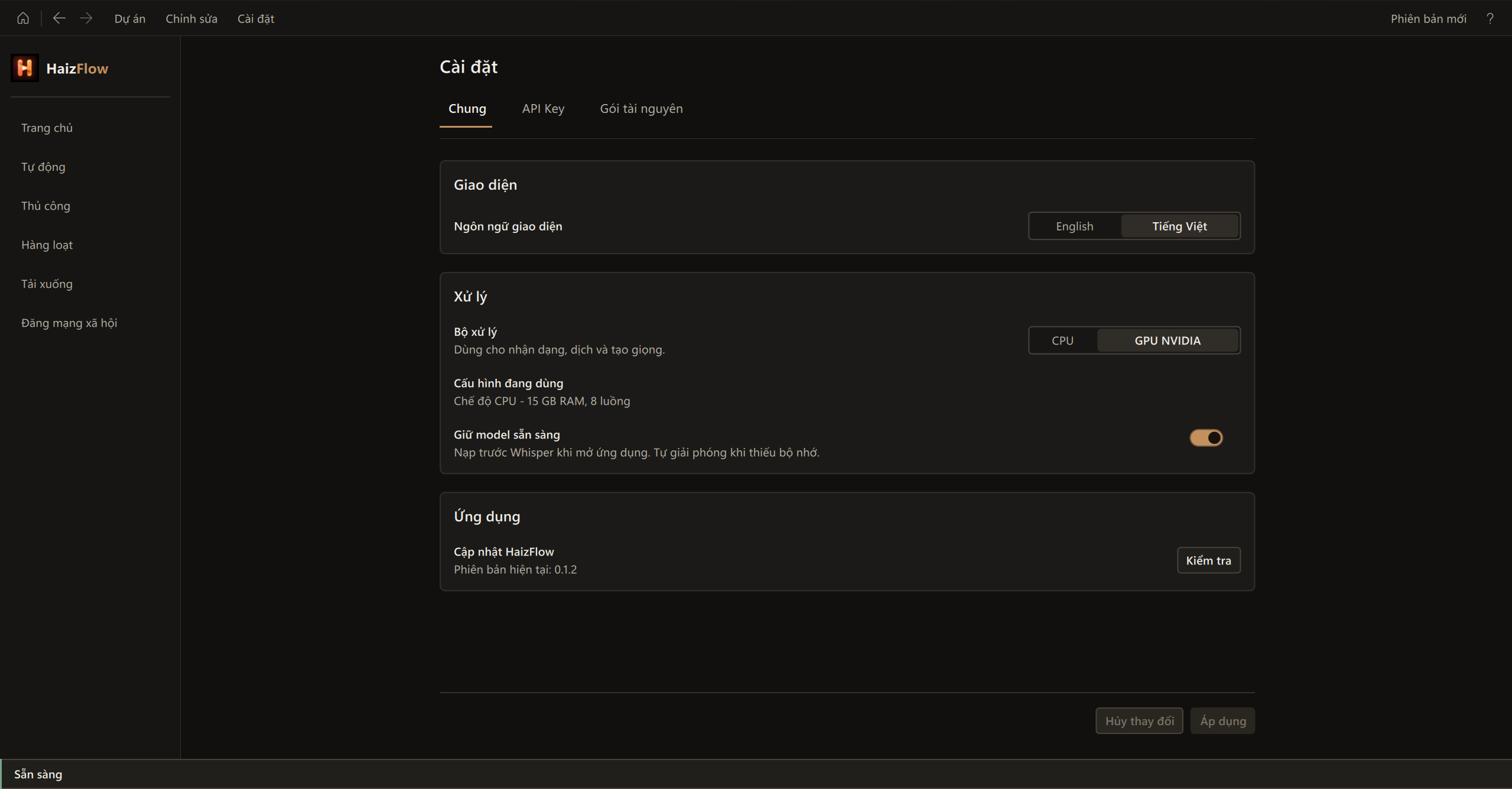 Settings page with language, processing device, warm-up and update controls