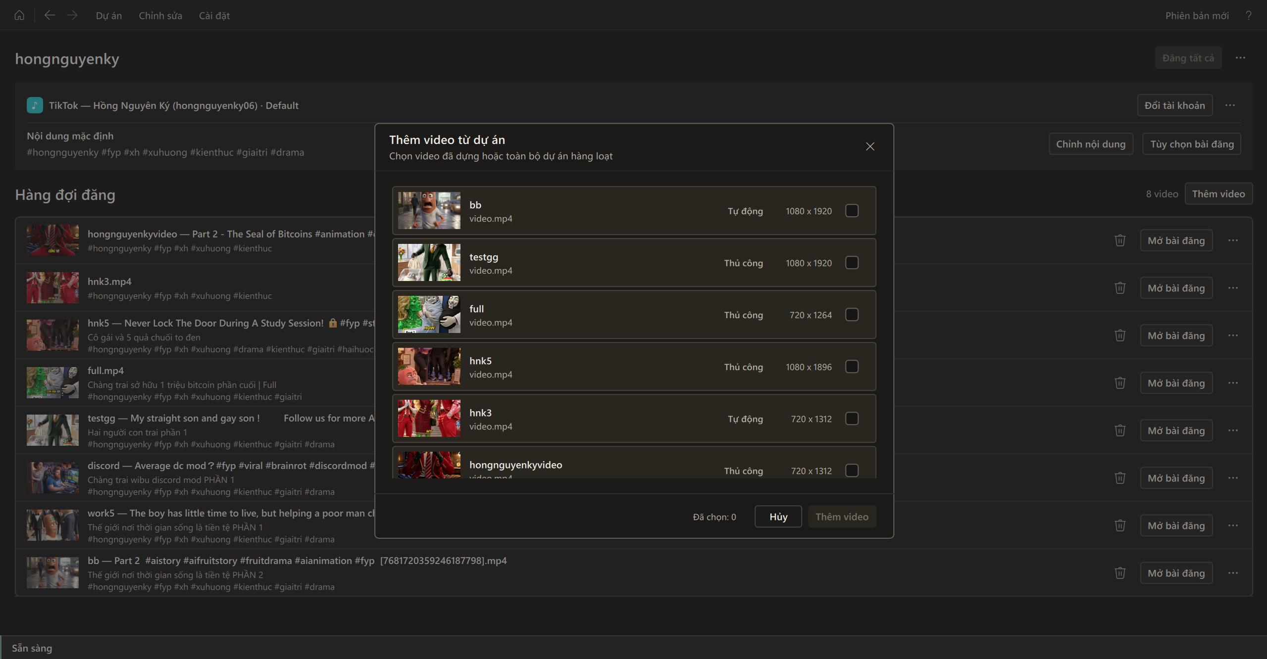 Social publishing page with an account, post queue and project video picker