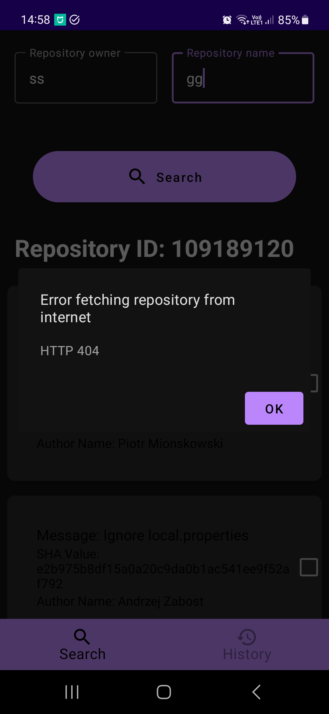 Error popup