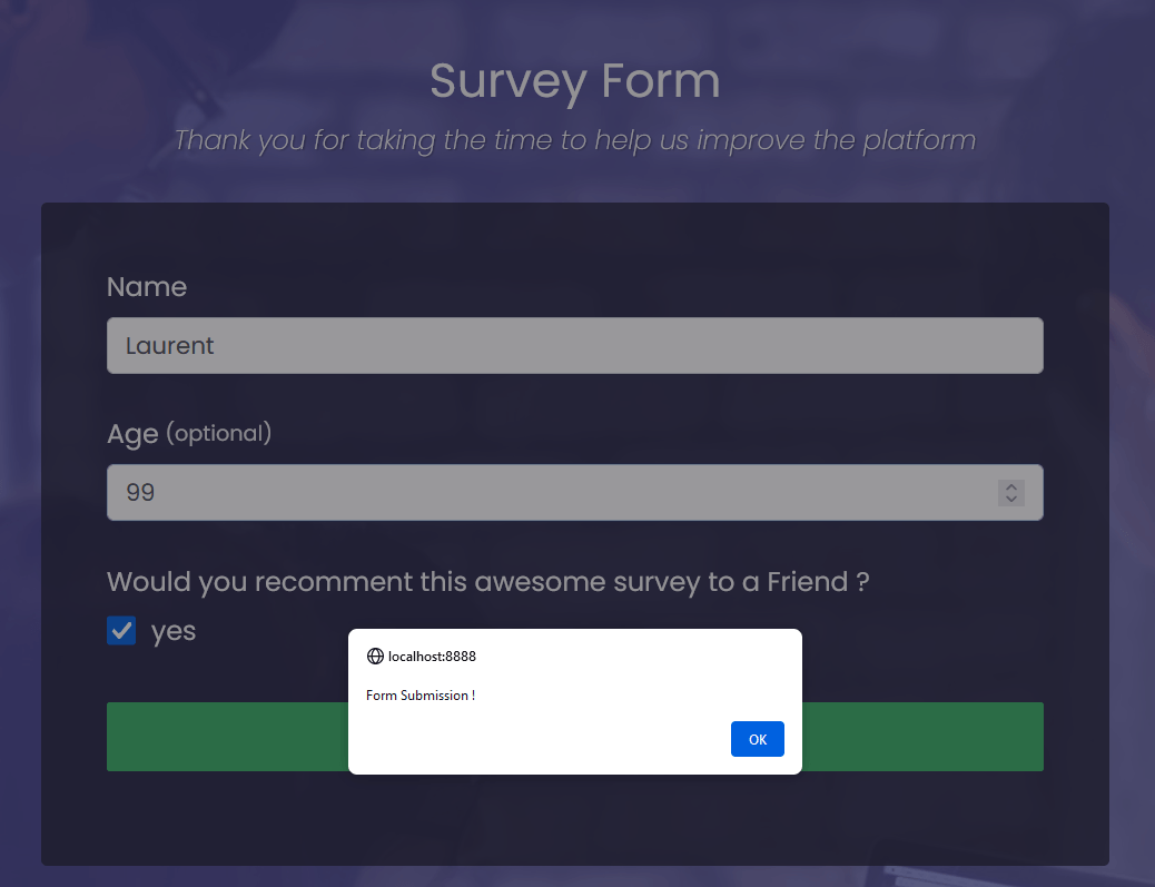 A screenshot of a sucessfull form submission