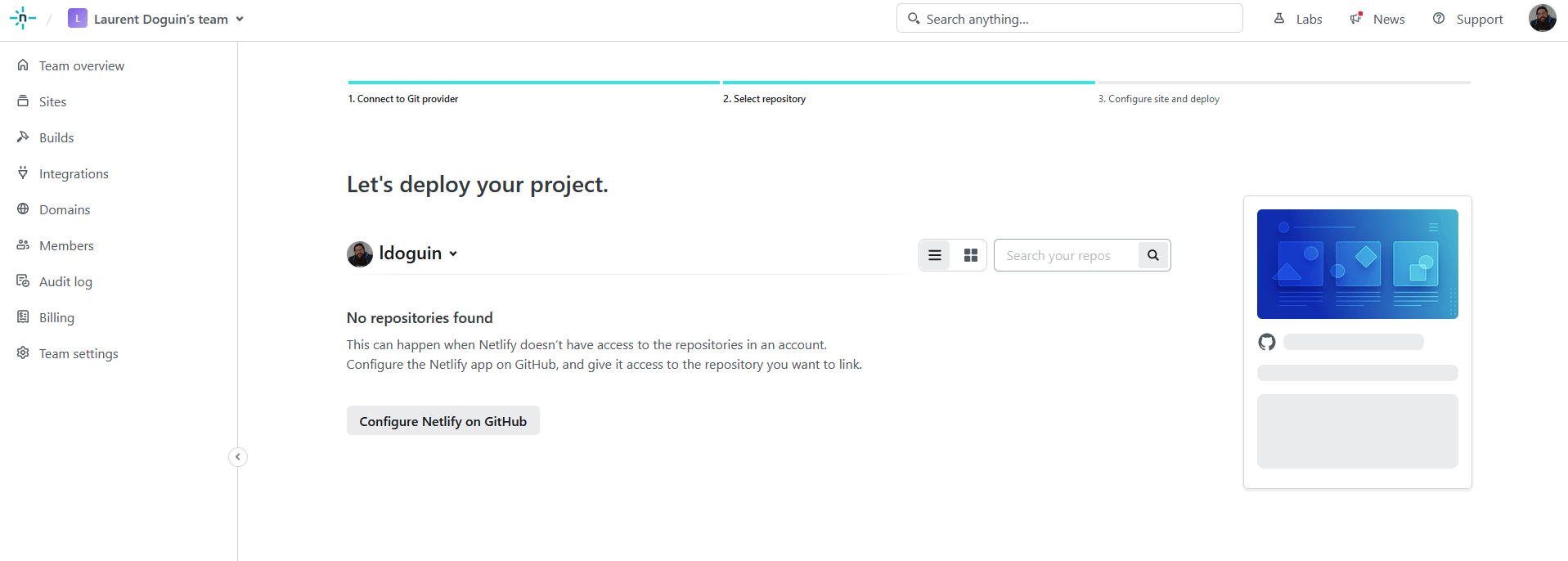 A screenshot of the second step of Netlify's project creation wizard after picking Github